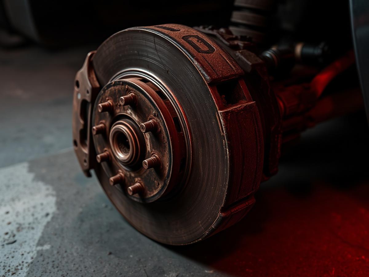 Worn brake rotor and corroded caliper on a vehicle